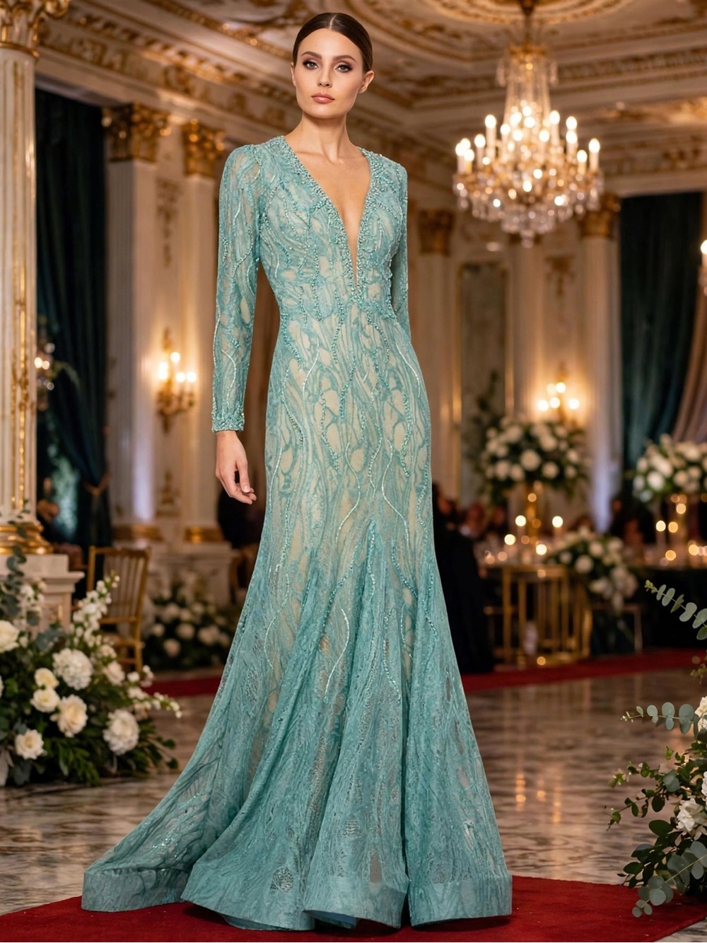 Mac Duggal Beaded Illusion Long Sleeve Plunge Neck Gown size 4 sold out…